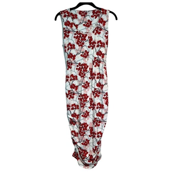 A Pea in the Pod Midi Ruched Maternity Dress Size S Cherry Blossom Floral Red - Picture 1 of 10